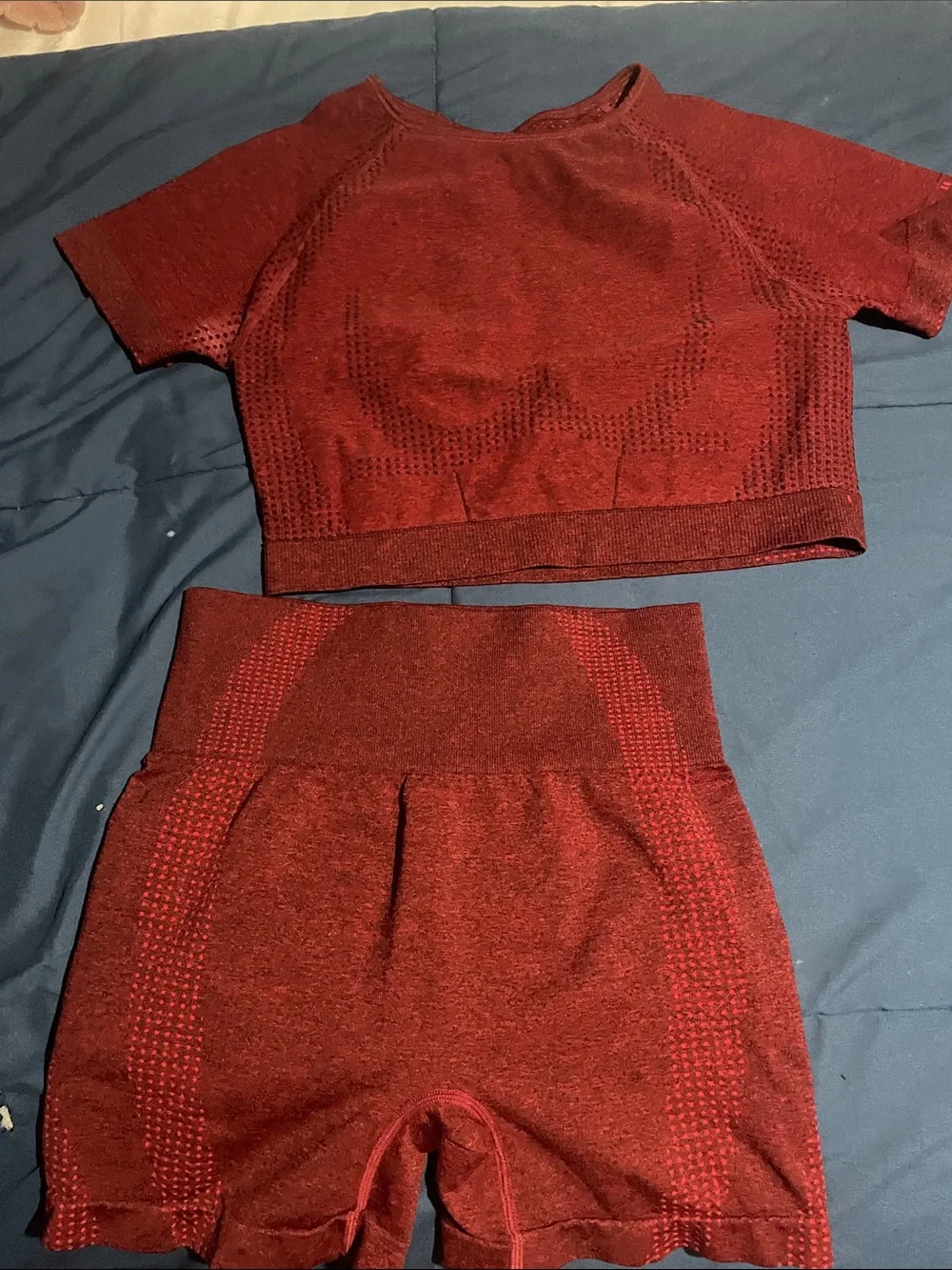 Red Seamless Short Sleeve Crop Top & High-Waist Bike Shorts Set - Picture 1 of 3